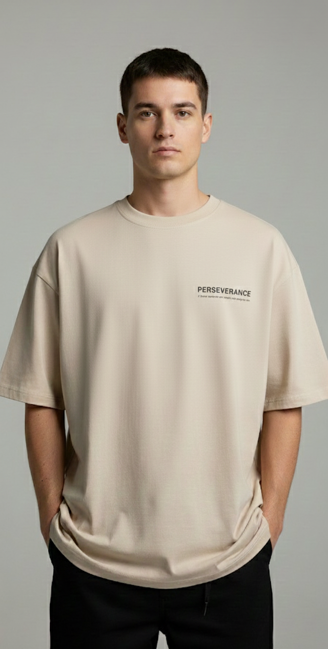 Men's Beige Oversized/Loose Fit Crew Neck T-Shirt