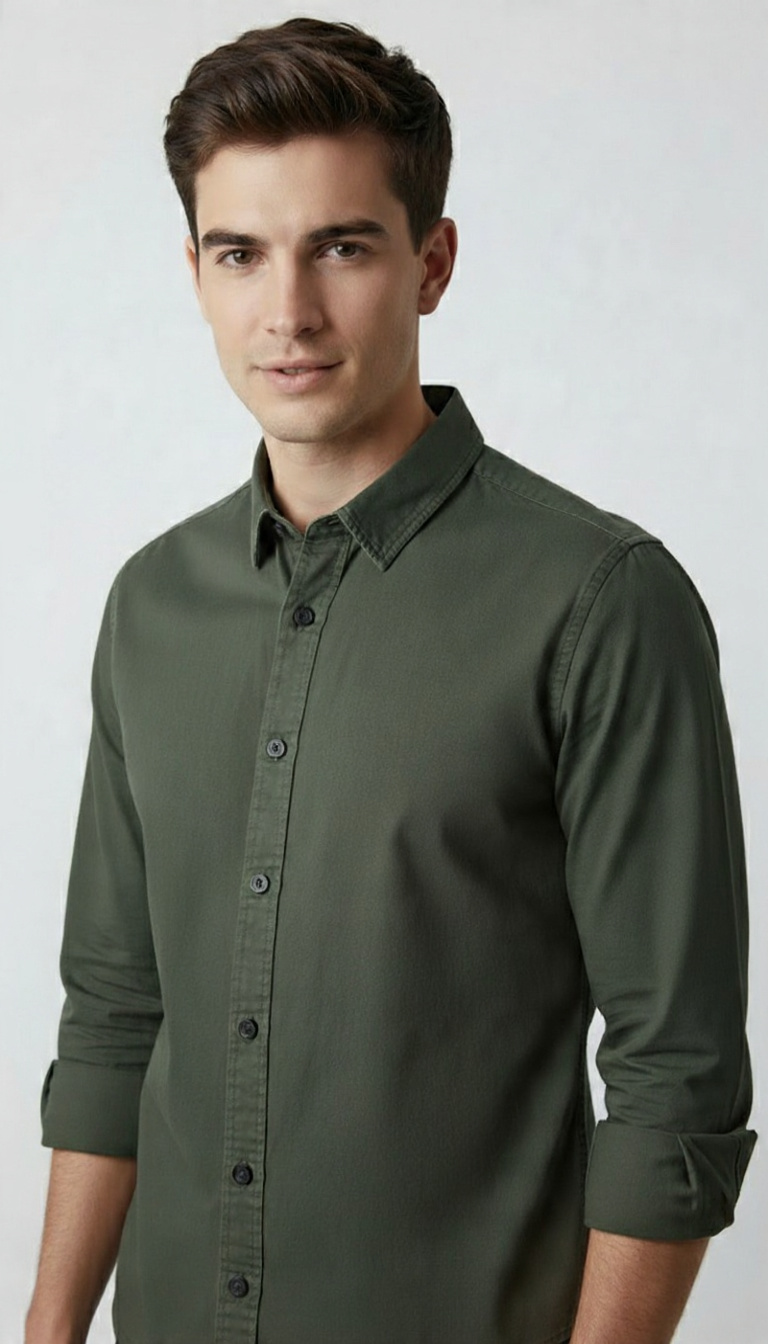 Cranky Men's Solid Green Slim Fit Denim Shirt